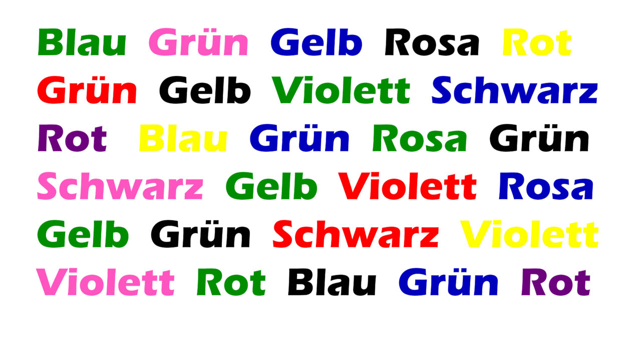 Gehirntraining: Farben und Worte stimmen nicht überein; gefragt ist, die Tintenfarbe zu sagen, nicht jedoch die geschriebene Farbe.